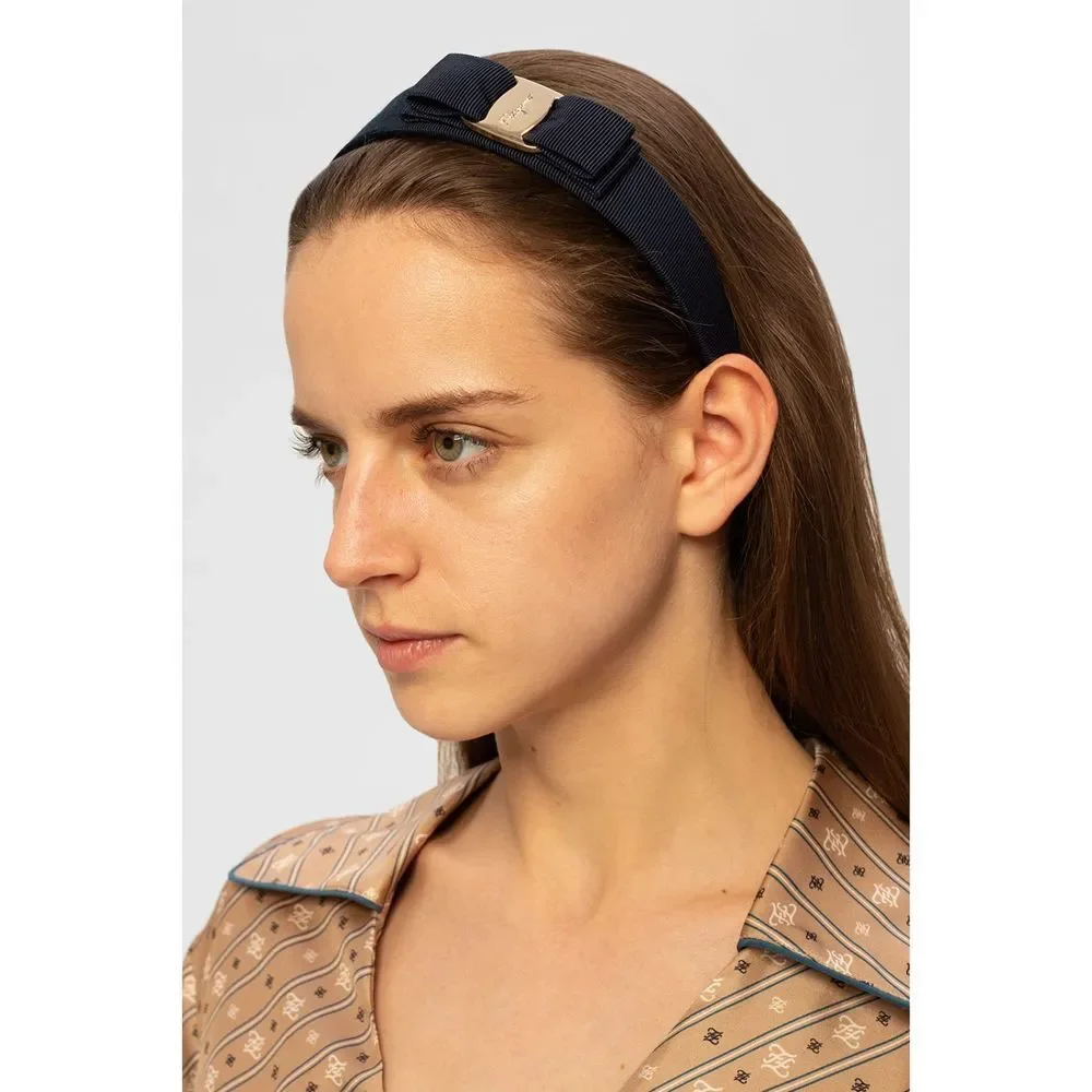 Ferragamo Vara Black Grosgrain Headband with Bow and Logo Hardware